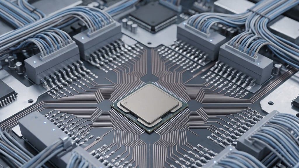 Close-up of a circuit board with cables converging toward a central processor.