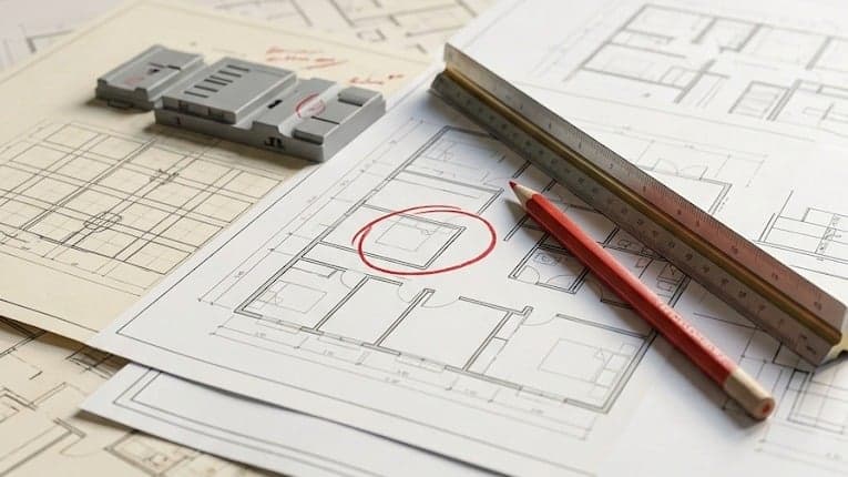 Architectural blueprints on a wooden table with a ruler, pencil, and red annotation mark.