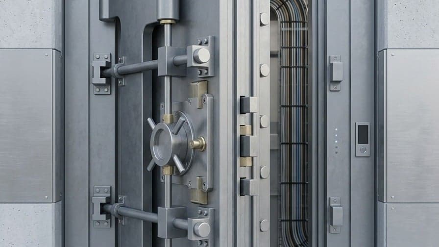 A heavy steel vault door, slightly ajar, set within a concrete wall.