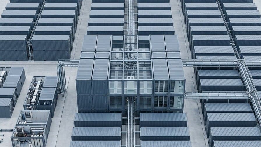 Aerial view of modular shipping containers arranged in an organized grid.