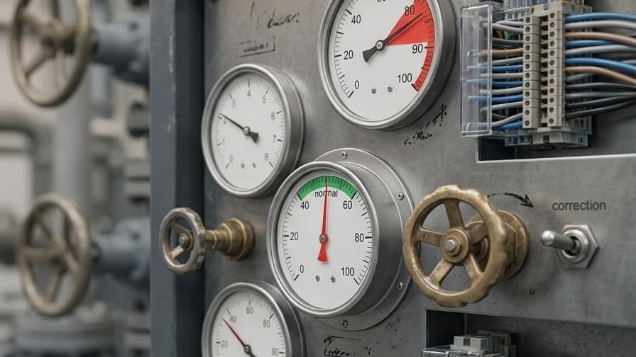 Industrial control panel with multiple gauges, one needle resting in the normal range while others read elevated.