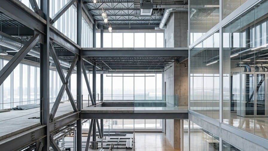 Interior of a building mid-renovation, structural steel framing transitioning into a finished glass space.